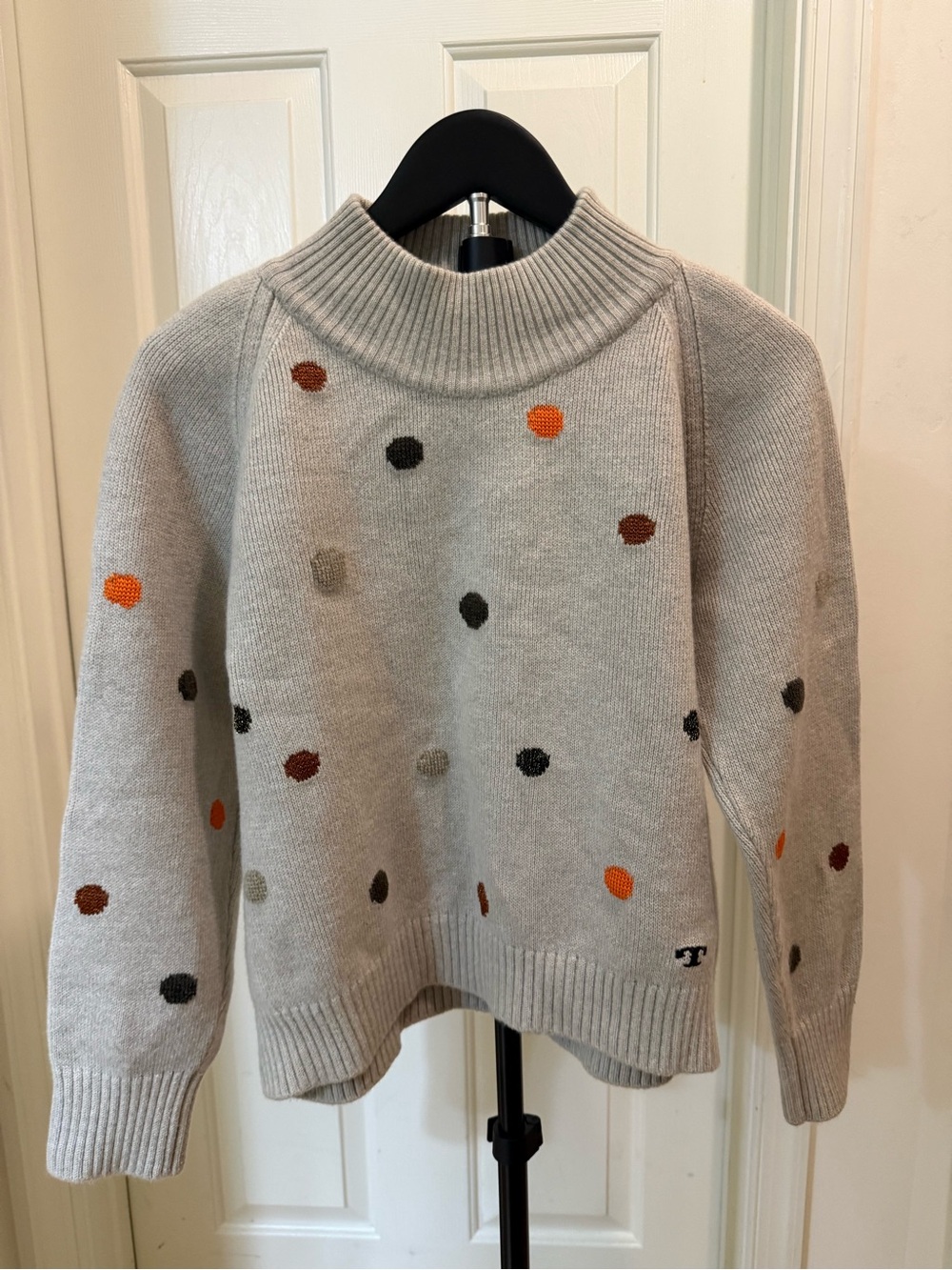 Tory Burch Light Gray Polka-Dot Turtleneck Sweater with Multicolor Dots